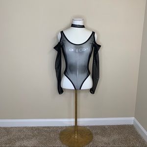 Go Sheer Cold Shoulder Thong Bodysuit